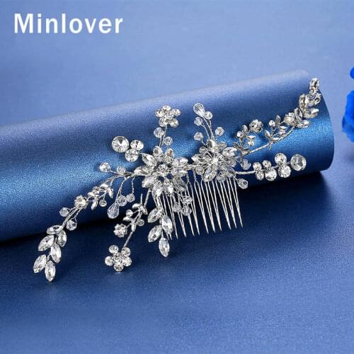 Minlover Korea Silver Color Women Hair Combs/Pin Fashion Crystal Flower Branch Wedding Hair Accessories Handmade Headpiece FS288