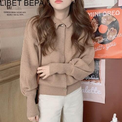 New 2020 Womens Sweaters Autumn Winter Korean Turn-Down Collar Button Short Cardigans Puff Sleeve Elegant Wild Lady Top SWC1253
