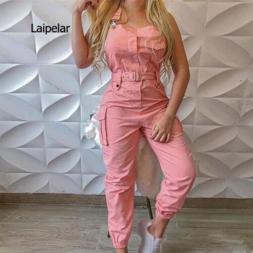 2021 Women Casual Cargo Playsuit Sleeveless Solid Tracksuits O-Neck Jumpsuit With Pockets Belt Elegant Pencil Pants Overalls