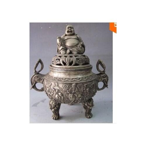 2014 New Arrival Hot Sale Antique Imitation China Sculpture Collection Old Chinese Silver Happy Buddha Incense Burner Censer
