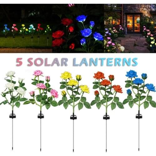 5 LED Heads Rose Stake Light Solar Powered Lamps Outdoor Garden Party Wedding Lamp Home Decorative Flower Night Lights