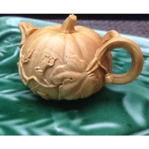 8*5.5*4.5cm Wholesale Tea Pet Boxwood Pumpkin Pot Carving Handmade Exquisite Chinese Handle Pieces Putting Decorations
