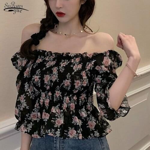 Blusas Summer Off-Shoulder Women Tops Short Sleeve Elegant Chiffon Shirt Floral Puff Sleeve Female 2021 Chemisier Femme 10092