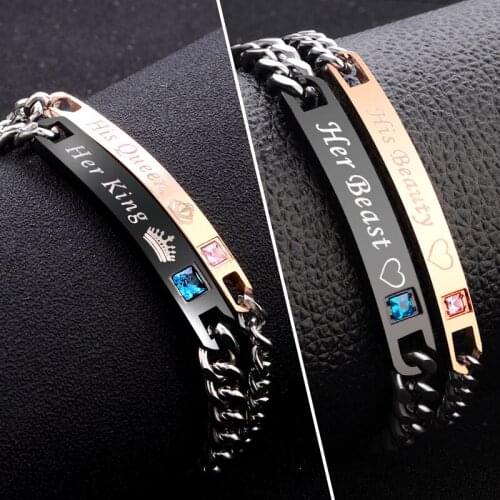 2 Style His Queen Her King Black Rose Gold Color Womens Male Chain Crystal Couple Bracelet for Men Femmo on Hands Jewelry