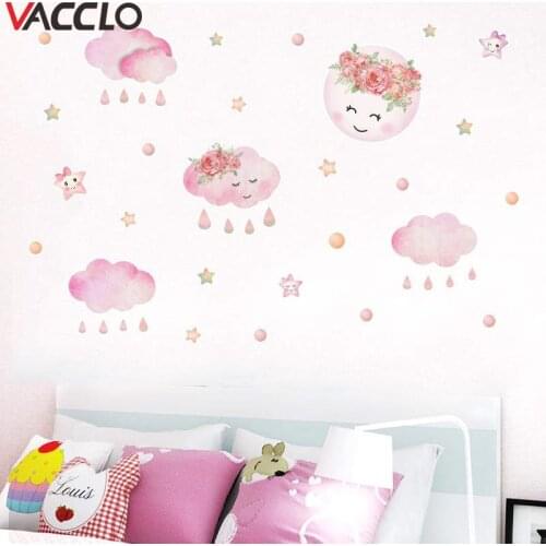 Vacclo Childrens Room Decoration Pink Stars Clouds Moon Decoration Stickers Baby Girls Room Decorations Wall Stickers Decals