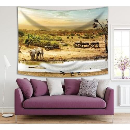 Tapestry South African Safari Wildlife Animals horse Sunset Dreamy Scenery Vintage Style Photo Green Beige