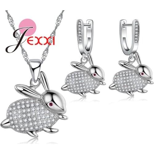 Fine Quality Cartoon Rabbit Design 925 Sterling Silver Cute Pendant Necklaces Earrings Jewelry Set For Women