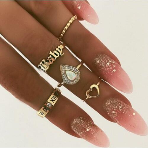 HuaTang 6pcs/set Vintage Crystal Oval Midi Knuckle Rings Set for Women Geometric Love Heart Letter Finger Rings Jewelry Anillos