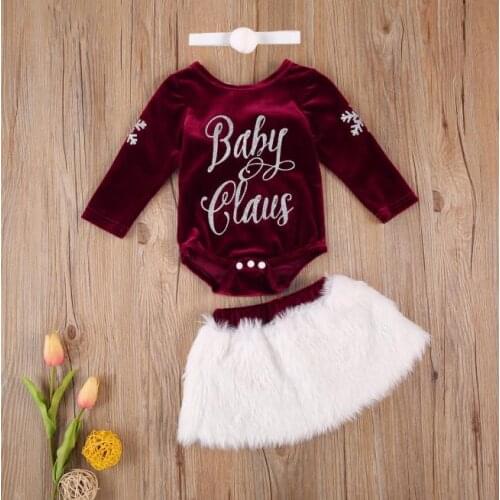 3Pcs Toddler Christmas Suit Snowflake Print O-Neck Long Sleeves Rompers Plush Short Skirt Ball Hairband Set for Baby Girls