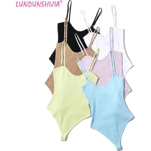 LUNDUNSHIJIA 2021 Summer Women Candy Colors Knitting Stretch Self-cultivation Sexy Bodysuit Jumpsuit Female Camisole Jumpsuit