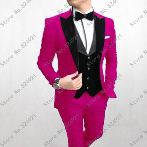 Custom Made Groomsmen Peak Velvet Lapel Groom Tuxedos Hot Pink+Black Men Suits Wedding Best Man (Jacket+Pants+Bow Tie+Vest) C626