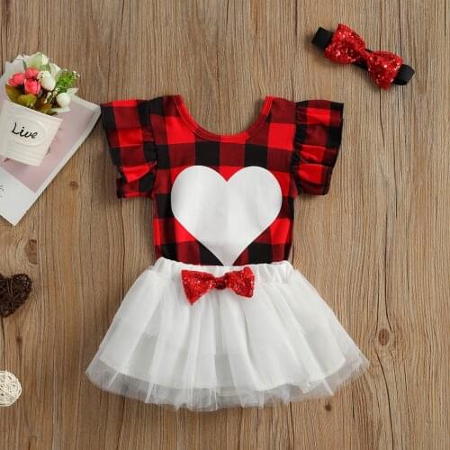 Summer Cute Baby Girl’s Outfits Three Piece Suit Fresh Plaid Heart Romper and Sequin Bow Gauze Skirt with Headband Drop shipping