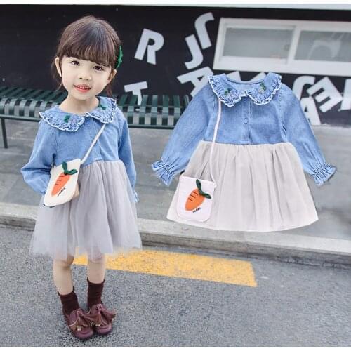 Cute Baby Girls Denim Dress Spring Autumn Kids Peter Pan Collar Long Sleeve Patchwork Tulle Princess Dresses Children Clothes