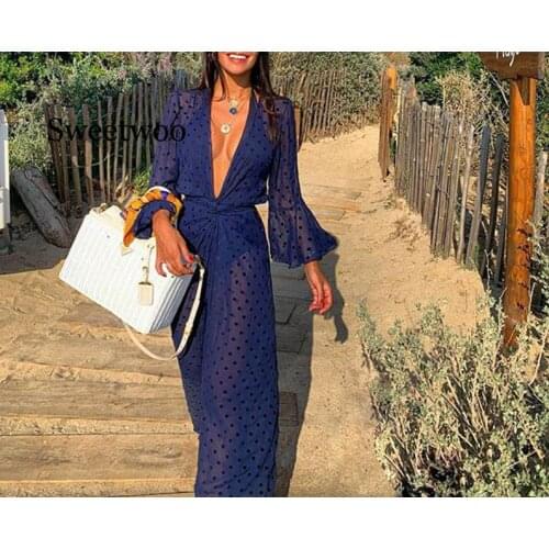 Fashion Womens Long Cover up Sheer Bikini Coverups Trumpet sleeve Front Bathing Sexy Suit Swimsuit Beachwear Cardigan