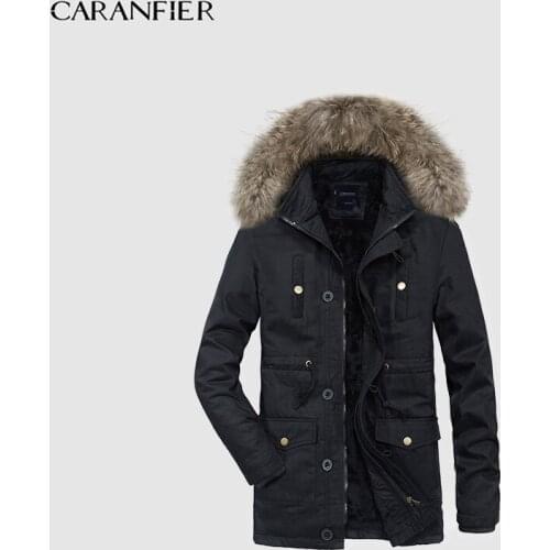 CARANFIER Mens Winter Parkas Hooded Thicken Warm Plus Velvet Overcoat 100% Cotton Male Solid Coats Men Jackets Wool Tie Hat L-3X