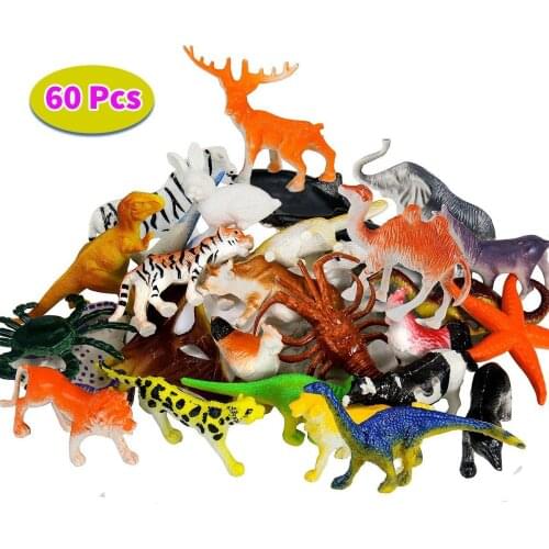 60 Pcs Mini Animal Set Solid Wild Animal Lion Shark Ancient Dinosaur Simulation Model Toy Classic Confrontation Game