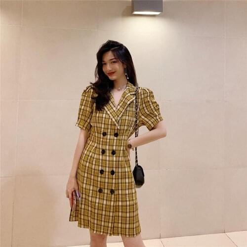 New Summer Women Dress Suit Notched Collar Short Sleeves Double-breasted Straight Mini Dresses Elegant Office Lady Vestido