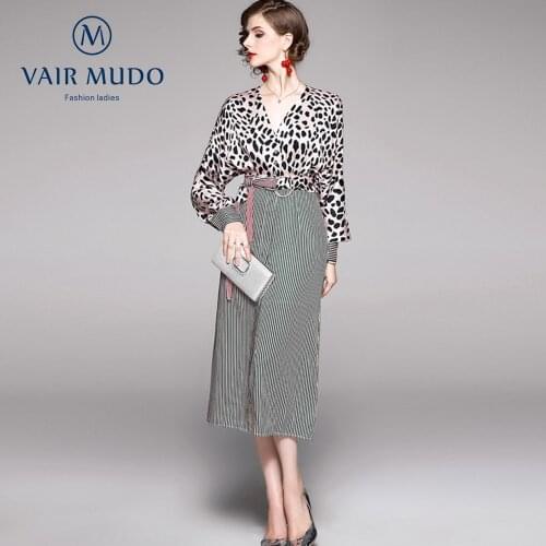 VAIR MUDO Spring Autumn Dress Women New Leopard Print V-Neck Long-Sleeved Lace-Up Waist Temperament Office Lady Elegant Y-18
