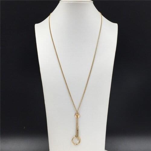 Casual Gold Color Plating Circle Bar Pendant Long Necklace For Women Girl Bohemia Geometric Sweater Decoration Jewelry