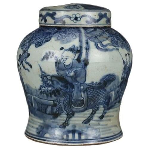 Early collection of Ming Dynasty blue and white Qilin send child cover can antique porcelain decoration