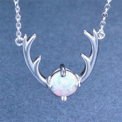 Luxury White Blue Opal Stone Necklace Cute Female Animal Antlers Pendant Necklace Charm Silver Color Wedding Necklaces For Women