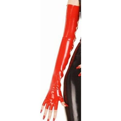 Sexy exotic women men unisex club latex long red black middle half fingers wrist glued gloves cekc zentai fetish uniform costume