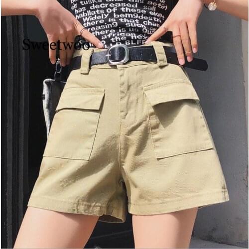 Vintage Women Denim Shorts With Belt Pocket Wide Leg Summer Hotpants Cargo Shorts