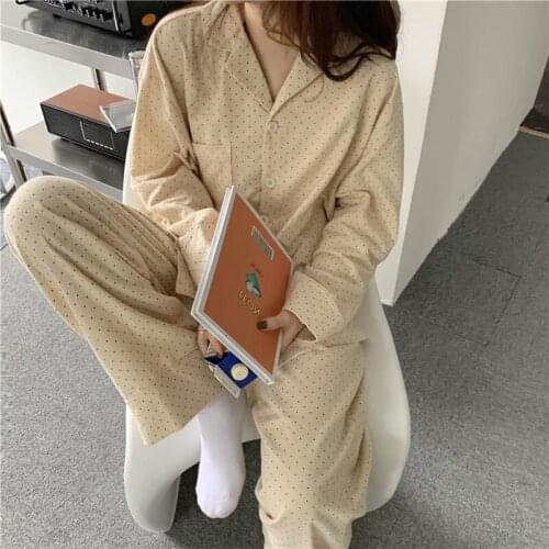 Yellow Polka Dot Autumn Home Suit Korean Cotton Linen Soft Two Piece Pajamas Set Single Breasted Shirts + Trousers Set Pockets