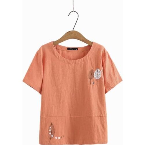 Plus size O neck Leaf embroidery cotton women tshirts 2021 new casual Short sleeve ladies t shirts female tops blue yellow
