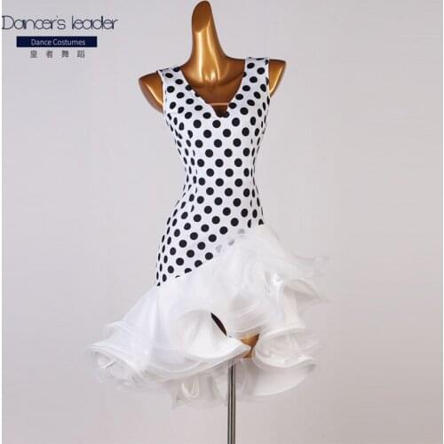Latin Dance Sexy V-neck Big Swing Skirt Black White Polka Dot Leopard Color Dance Costume Female Stage Competition Suit