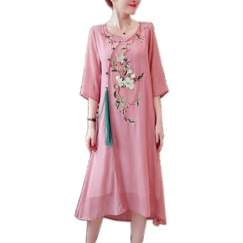 Women embroidery Floral long dress pleated three quarter sleeve female casual straight dresses chic high street chic vestidos