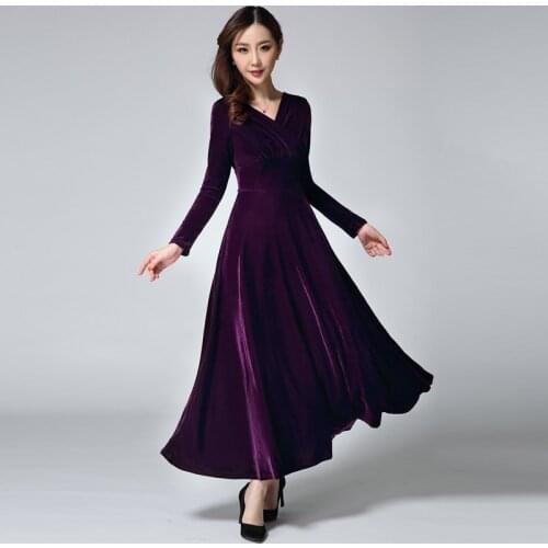 Plus Size 2XL 3XL Women Autumn And Winter Long Sleeve Dress Elegant V-Neck Dress Velvet Long dress women