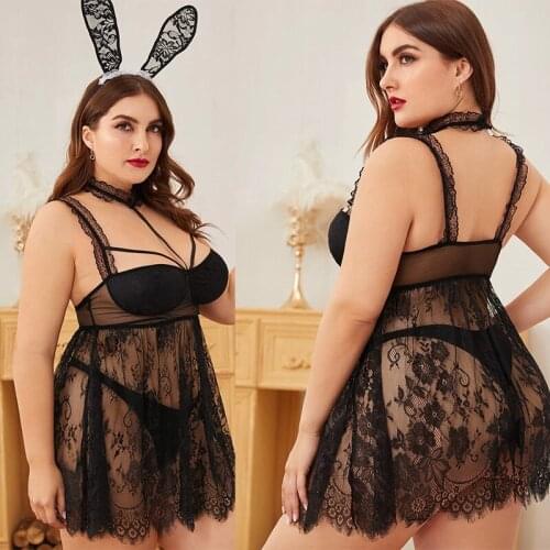 Womens Ultra-thin Sexy Lingerie Black Lace Front Open Sling Skirt Perspective Sexy Pajamas Sling Sexy Pajamas Fat PeoplePajamas