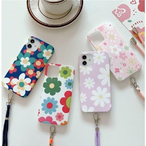 Fashion Color Lanyard Carry Chain Phone Case For iPhone 12 11 Pro X XR XS Max 12 Mini 7 8 Plus SE2 Cartoon Flower Silicone Cover