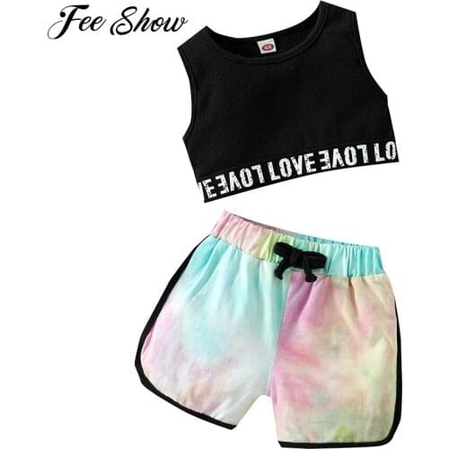 Kid Girls Dancewear Sets Sports Outfits Tie Dye Letter Decor Tank Top with Hot Pants for Gymastics Workout Performance