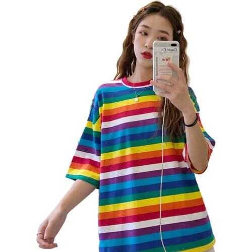 New T Shirt Women Rainbow Striped Tops Harajuku Tshirt 2018 Summer Short Sleeve Korean Punk T-shirt camiseta feminina T8