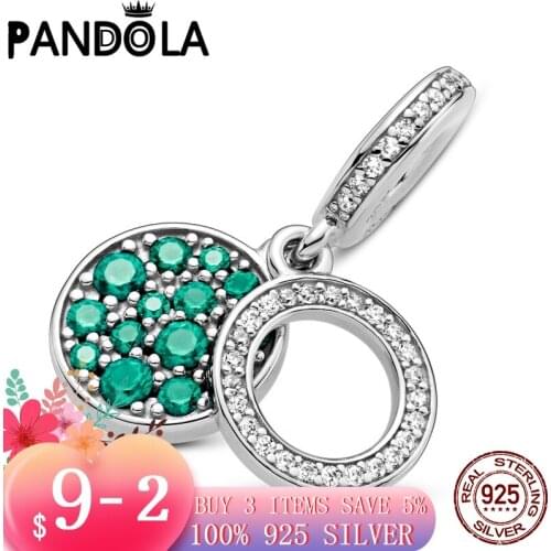 Hot 100% 925 Sterling SILVER charms Sparkling Green Disc Double Dangle Charm fit Original Pandora Bracelet silver 925 jewelry