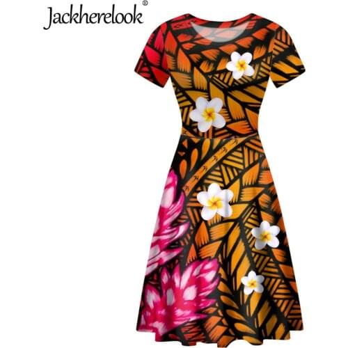 Jackherelook Vintage Party Dresses for Girls Polynesain Tribal Hibiscus Plumeria Floral Print Plus Size Short Sleeved Dress 2021