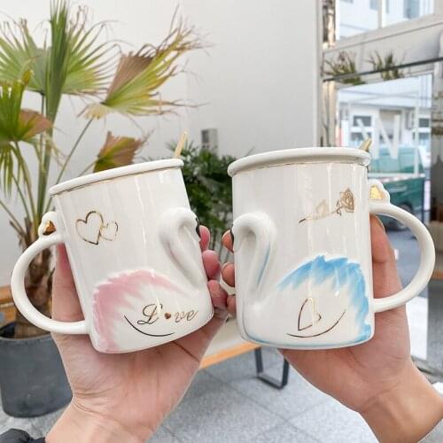 450ml Advanced embossed swan ceramic mug with spoon pink blue Mugs Water Lovers Cup unique tea Cups Drinkware Gifts