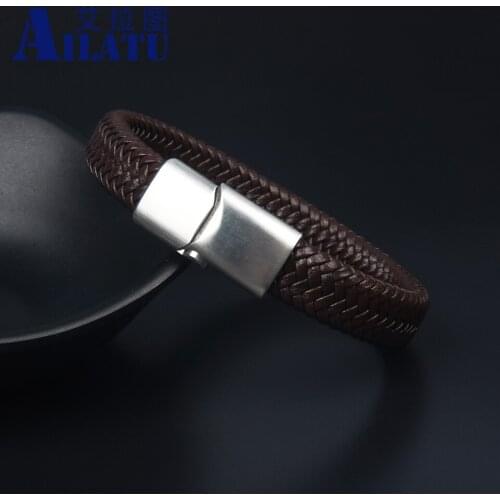 Classic Genuine Leather Stainless Steel Magnetic Buckle Bracelet For Men Handmade Bangle Gift Cool Boys Drop Shipping with Logo