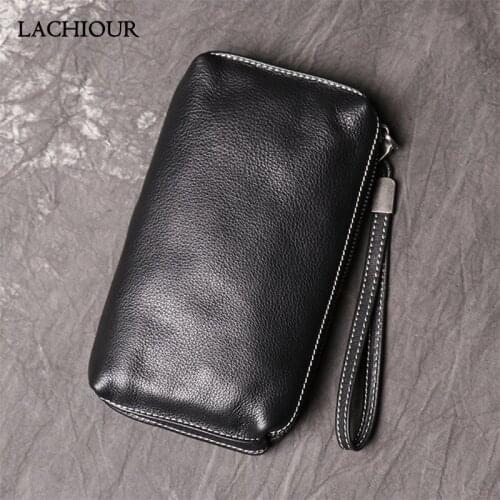 Lachiour Business Clutch Wallet Mens Genuine Leather Handbag Wallet Long Soft Phone Bag Purse Male Phone Coin Bag Wrist Bag