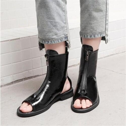 PXELENA 2019 Summer Hot Front Zipper Peep Toe Gladiator Sandals Women Cuban Low Heels Casual Comfort Shoes Lady Patent Leather