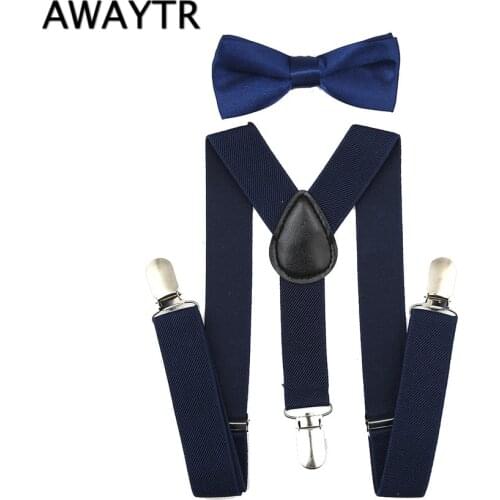 2 Pcs (Suspender + Bow Tie) Fashion Navy Bowtie Set Boys Y-Back Adjustable Elastic Kids Suspenders Bow Tie Set Wedding Braces