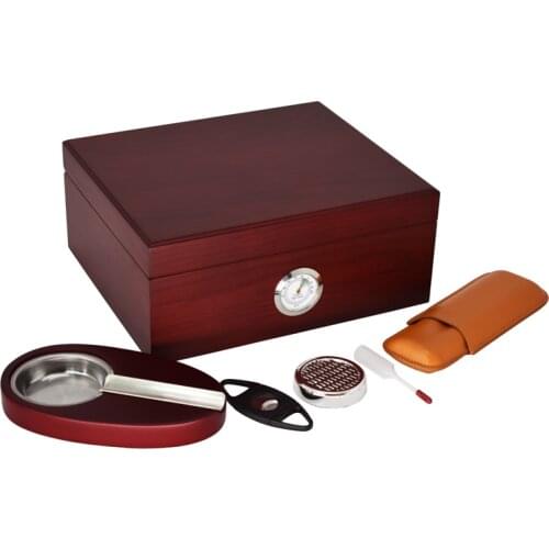 Cedar Wood Humidor Smoking Sets Cherry Black Cigar Storage Box with Cigar Ashtray Cutter Leather Case Gift Sets