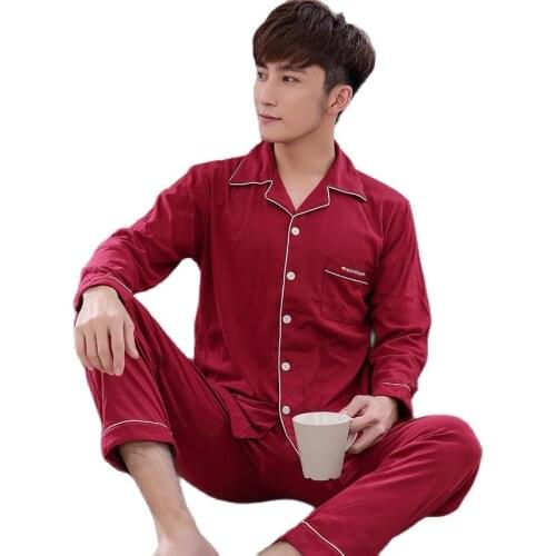 Autumn Knitted Cotton Men Pajamas Set Long Sleeve Turn-down Collar Cardigan Sleepwear Casual Soft Plus Size M-3XL Male Homewear
