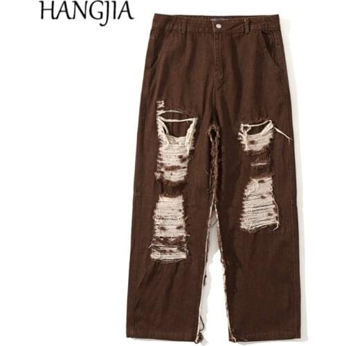 Hip Hop Distressed Ripped Denim Pants Brown Black Washed Hole Destroyed Straight Jean High Street Thin Raw Edge Jeans Men Women