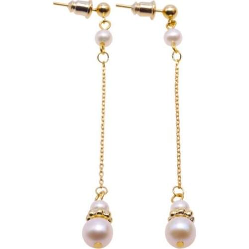 Dangle Earrings Silver 925 Long Gourd-shape Genuine Cultured Freshwater Pearl Earrings 925 Silver (7mm White Round Pearls)