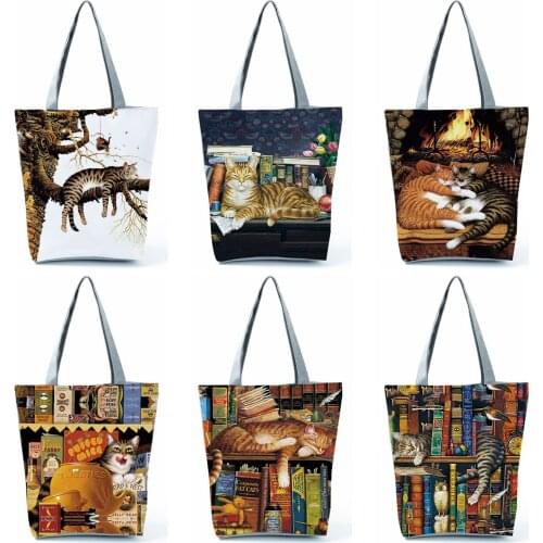 Cat Design Printing Handbags Lady High Capacity Fashion Shopping Bag Women Eco Reusable Shoulder Groceries Tote Custom Pattern