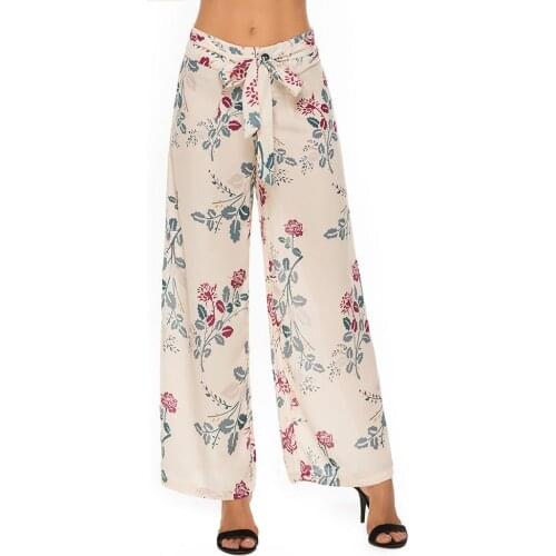 Womens Pant Chiffon Printed Loose Wide Leg Pants with Belt Print Long Trousers for Women