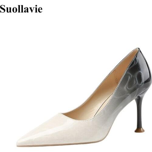 2020 Spring Winter Women Shoes уют gradient color patent leather pumps wedding party shoes woman European and American style